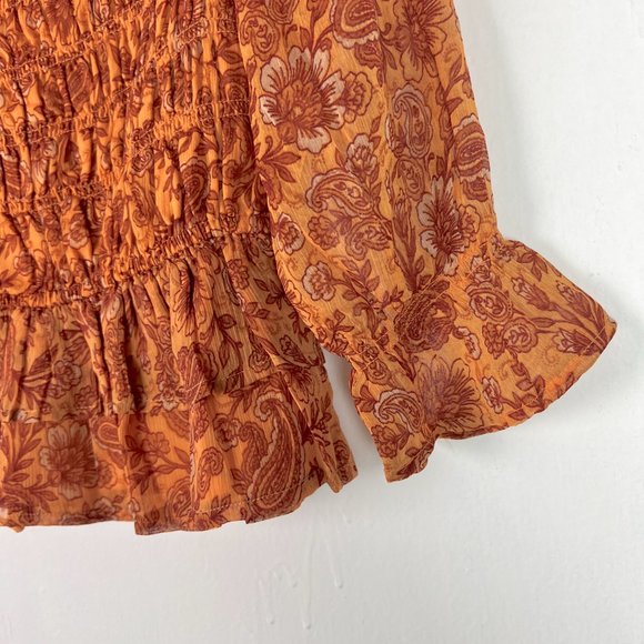 NWT Patrons of Peace Cropped Floral Smocked Ruffle Top Marigold Size Small S NEW - Picture 5 of 15